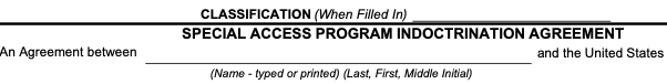 Header of a Special Access Program Indoctrination Agreement form