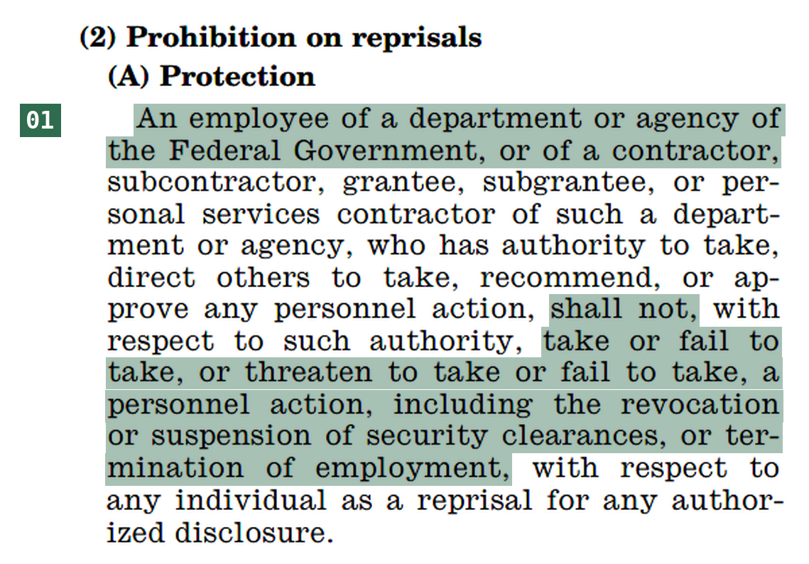 50 U.S.C. 3373b, Prohibition on reprisals, (A) Protection: text of the statute
