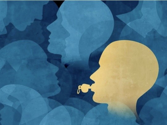 Gold profile blowing a whistle among blue silhouettes.